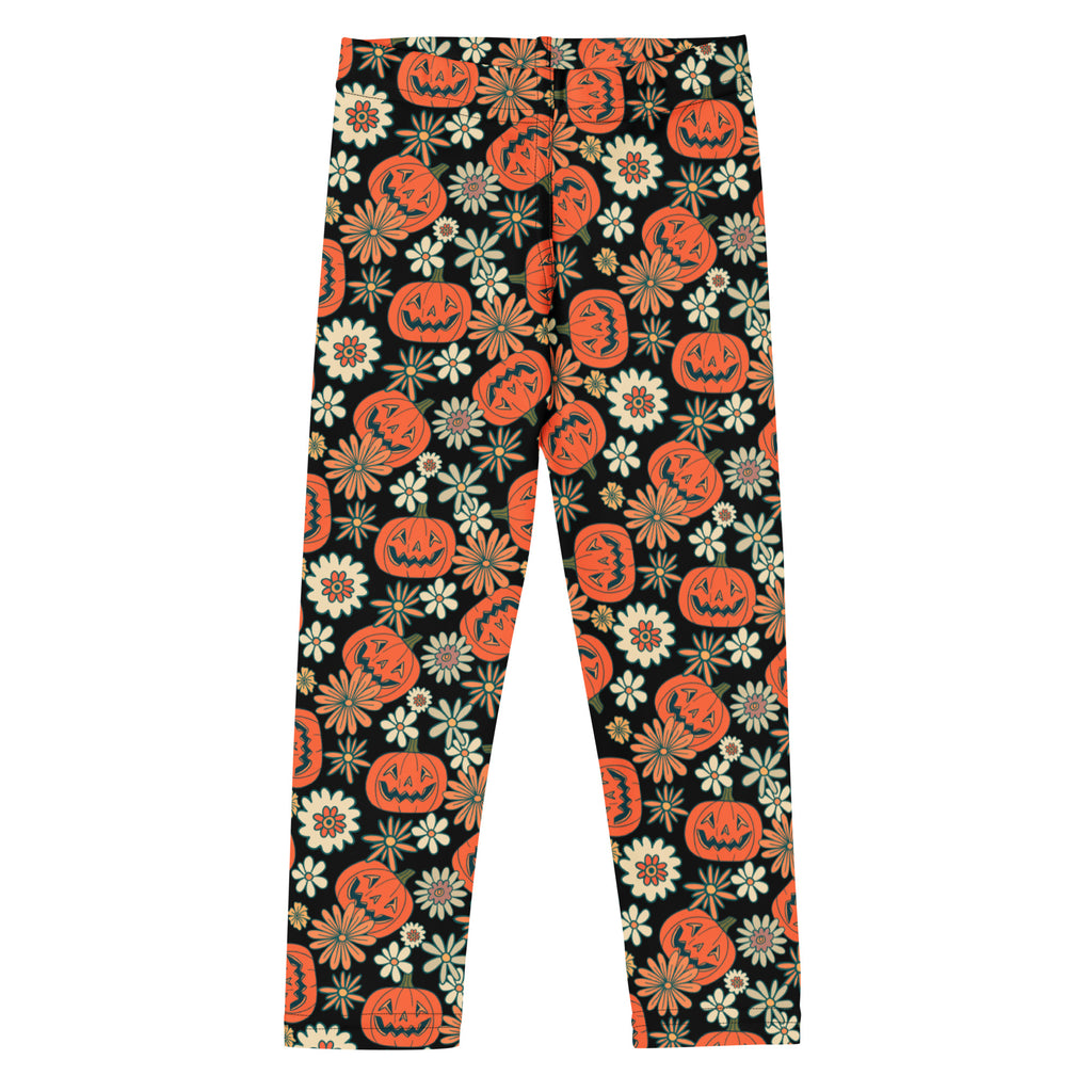 Kids vintage halloween pumpkin floral buttery soft black leggings with vibrant orange jack-o-lanterns and multicolored flowers