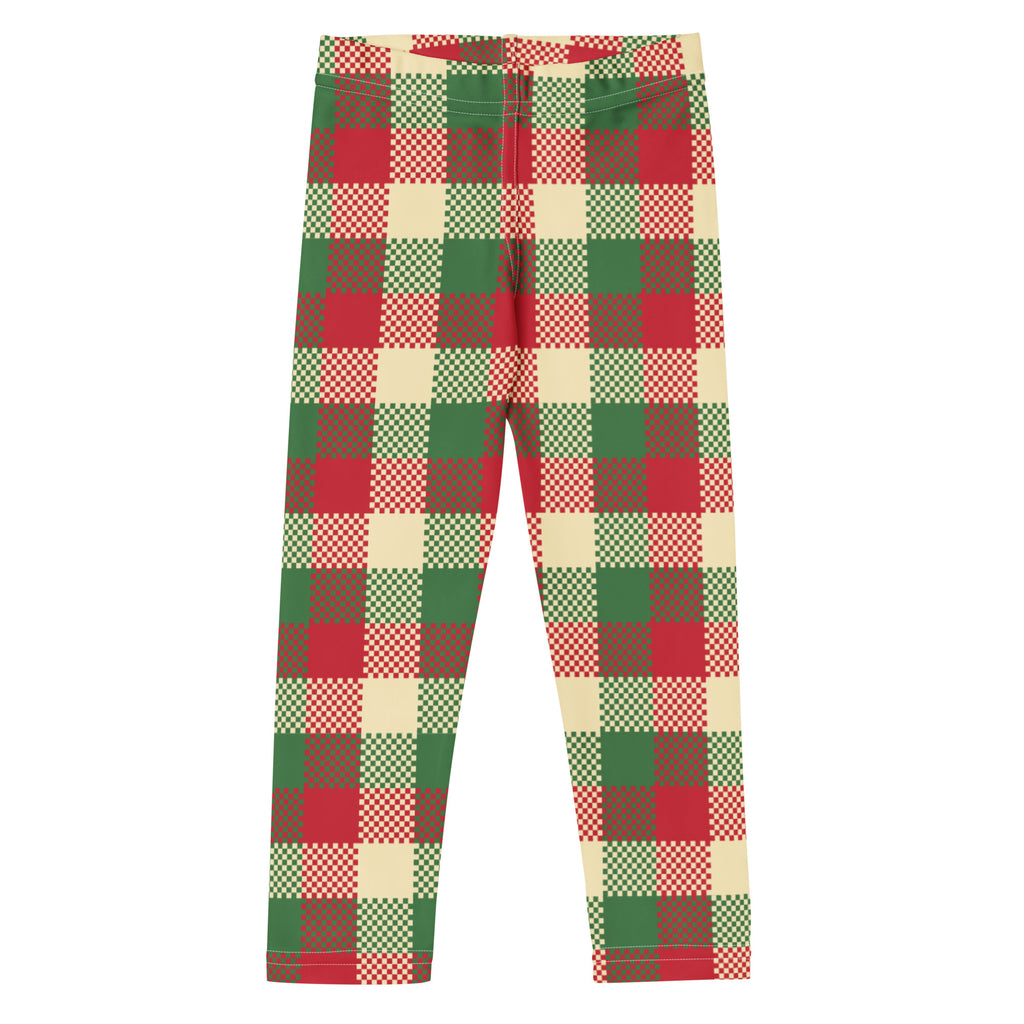 Kids christmas plaid buttery soft leggings in red green and beige with a checkered pattern