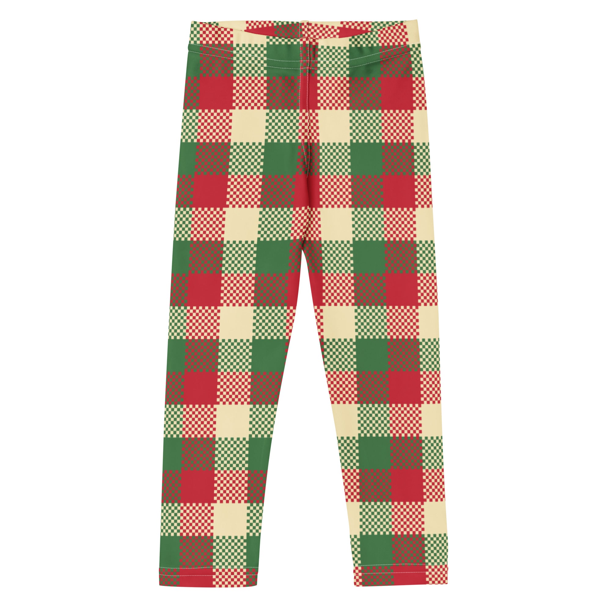 Kids christmas plaid buttery soft leggings in red green and beige with a checkered pattern