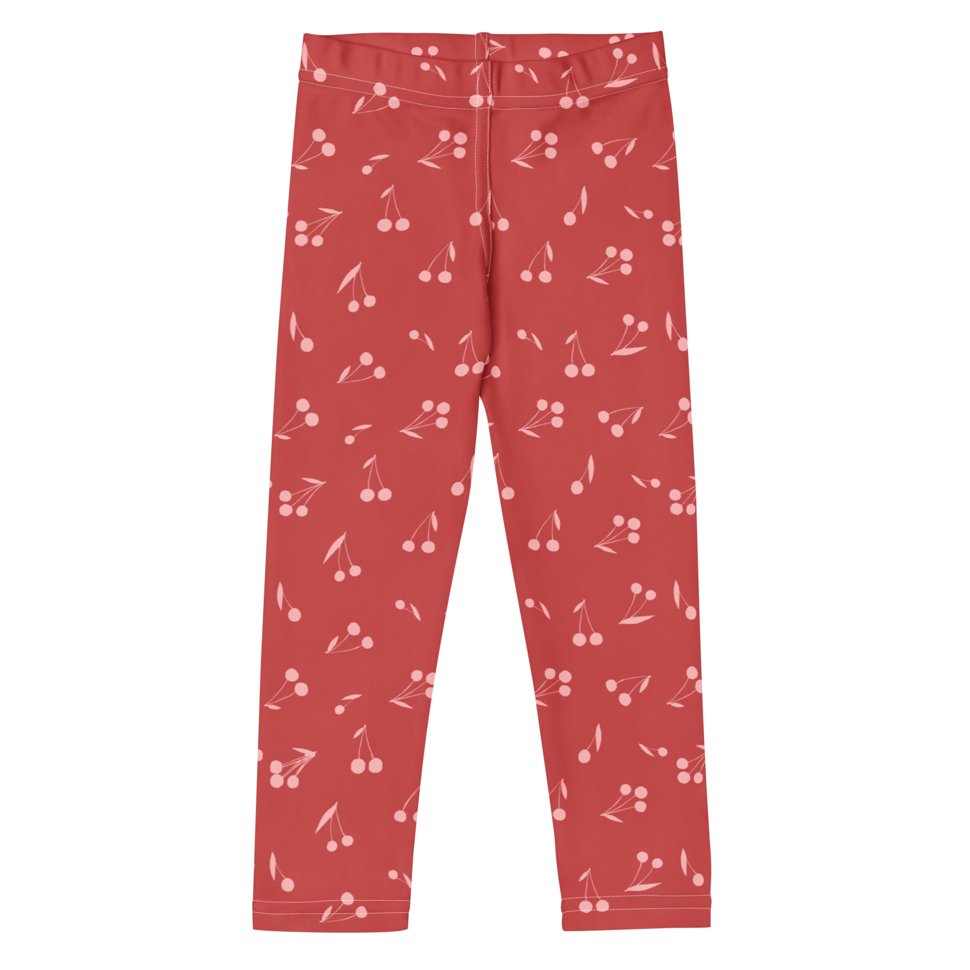 Girls pink cherry pattern buttery soft leggings in red with soft stretchy fabric and delicate white cherry illustrations