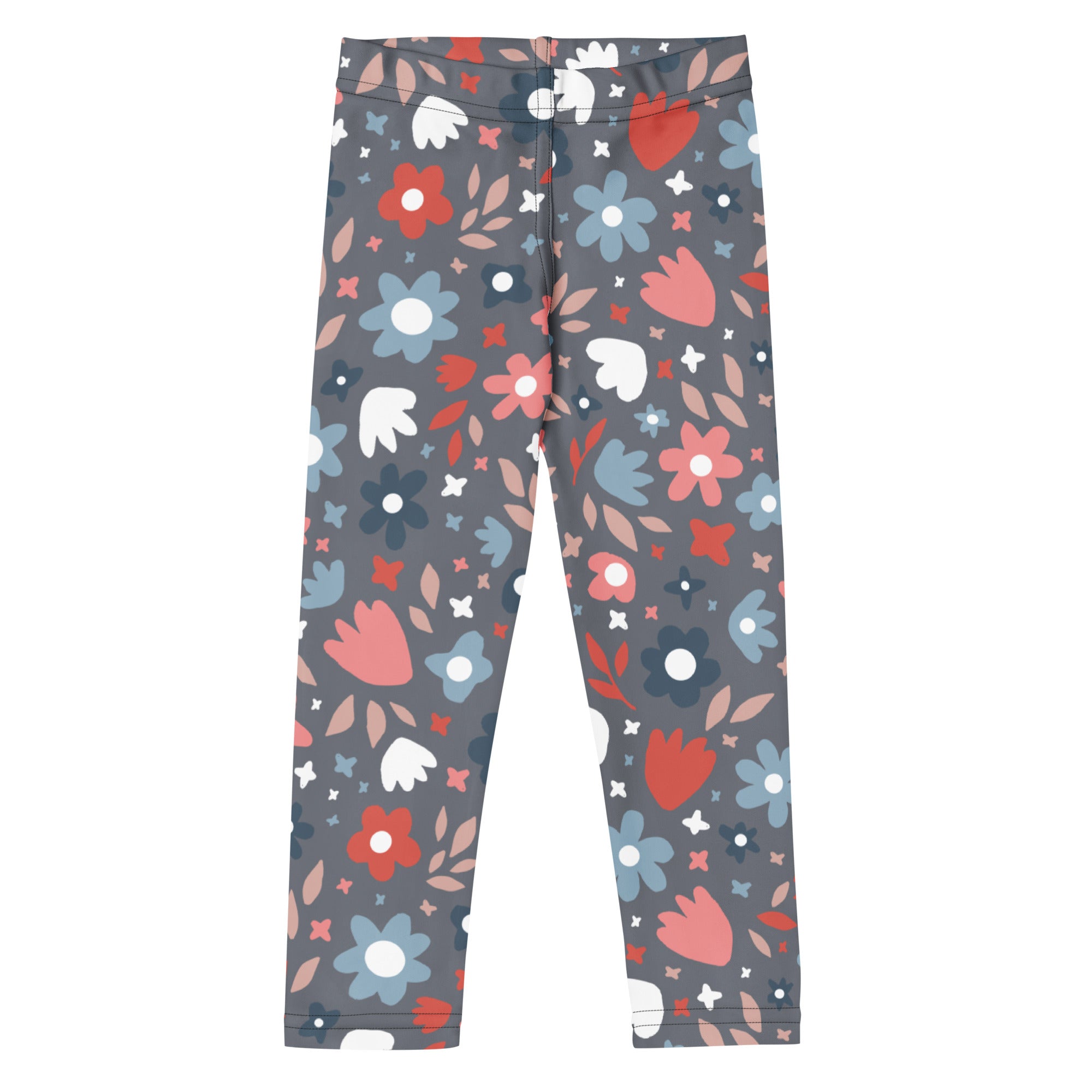 Girls gray leggings with a playful red pink blue and white floral pattern and leaf accents in buttery soft fabric