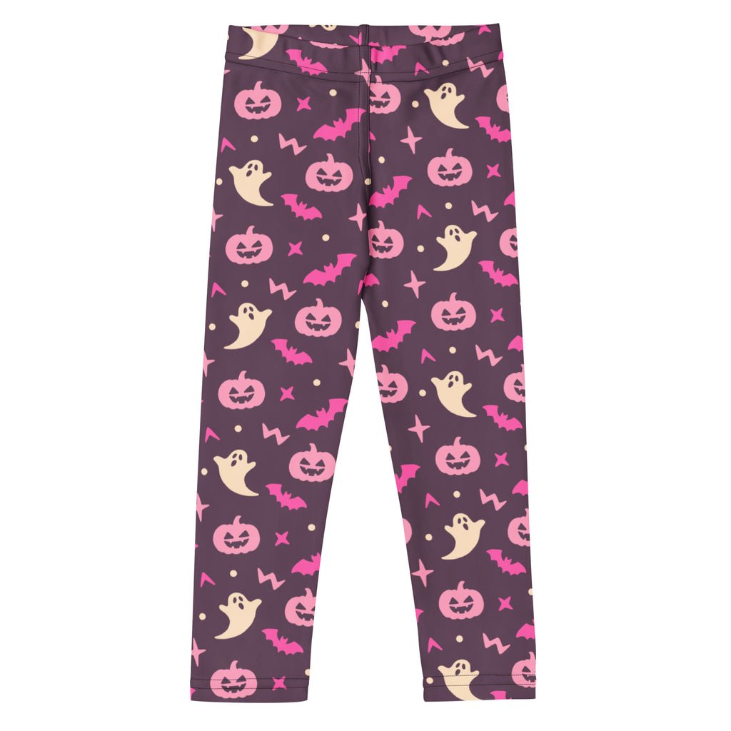 Girls purple and pink halloween buttery soft leggings with playful pink jack-o-lanterns beige ghosts and magenta bats pattern