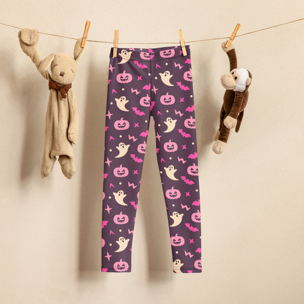 Girls purple and pink halloween buttery soft leggings with stretchy fabric featuring pumpkins ghosts and bats print