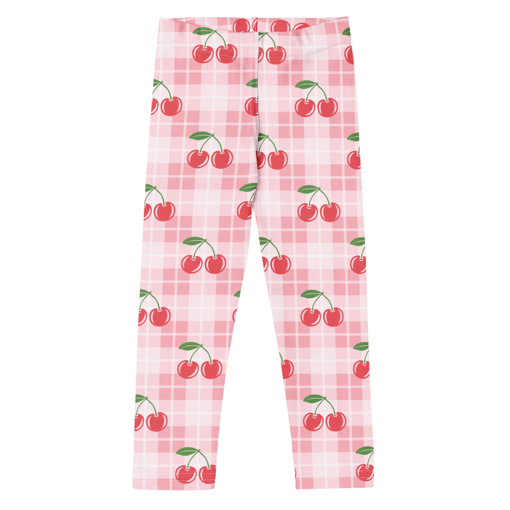 Girls cherry plaid buttery soft leggings in pink with cherry print and plaid pattern for comfortable wear