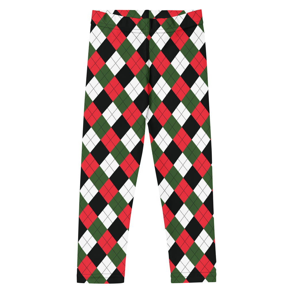 Kids red and green argyle buttery soft leggings featuring a colorful diamond pattern for comfortable wear
