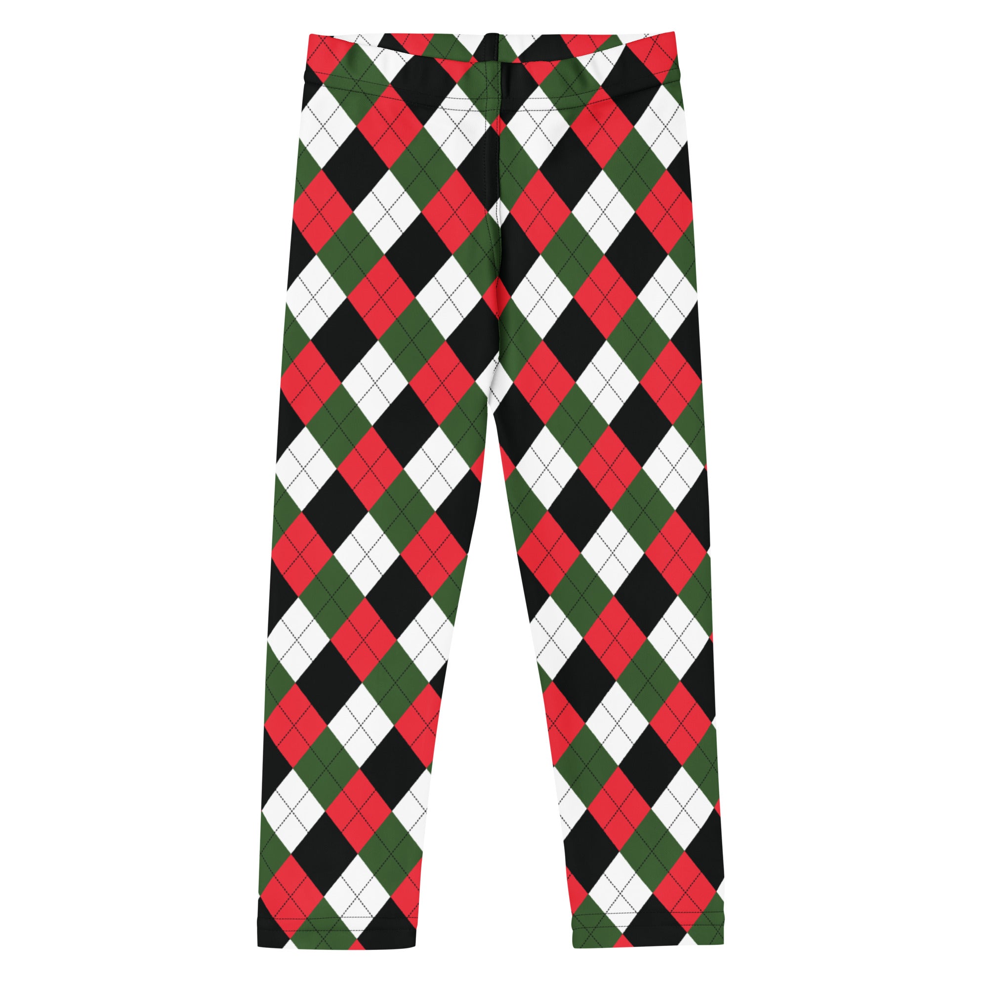 Kids red and green argyle buttery soft leggings featuring a colorful diamond pattern for comfortable wear