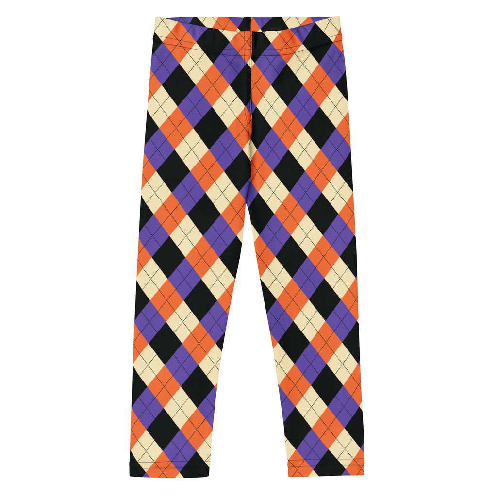 Kids halloween argyle buttery soft leggings in black purple orange and cream diamond patterns perfect for fall dress up
