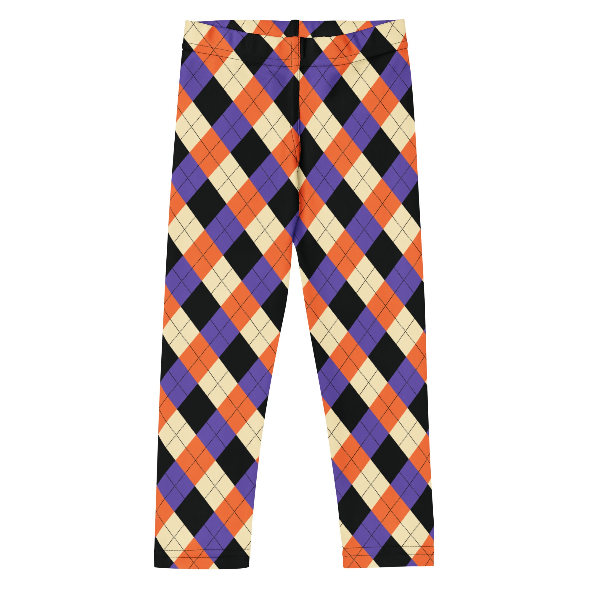 Kids halloween argyle buttery soft leggings in black purple orange and cream diamond patterns perfect for fall dress up