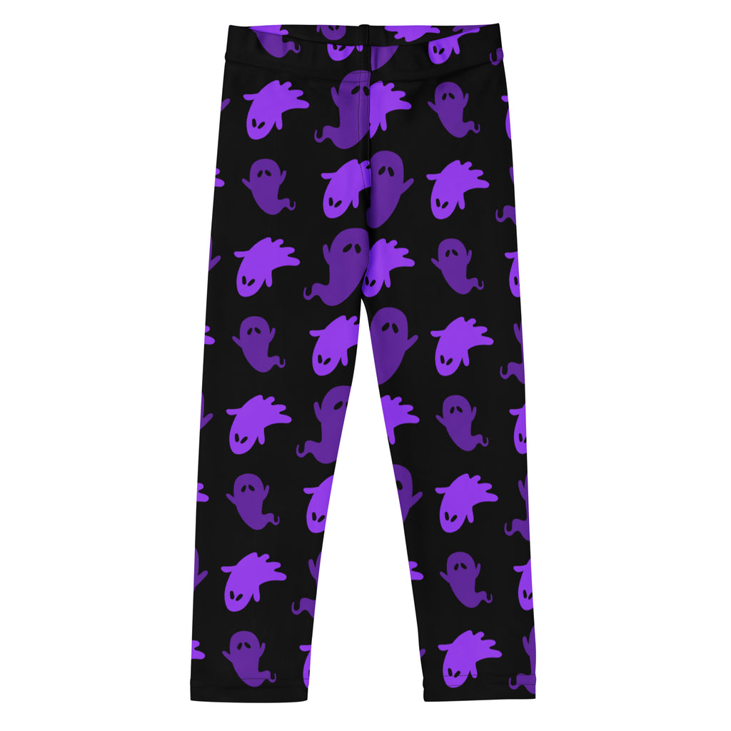Girls purple ghosts halloween buttery soft black leggings with playful purple cartoon ghost pattern