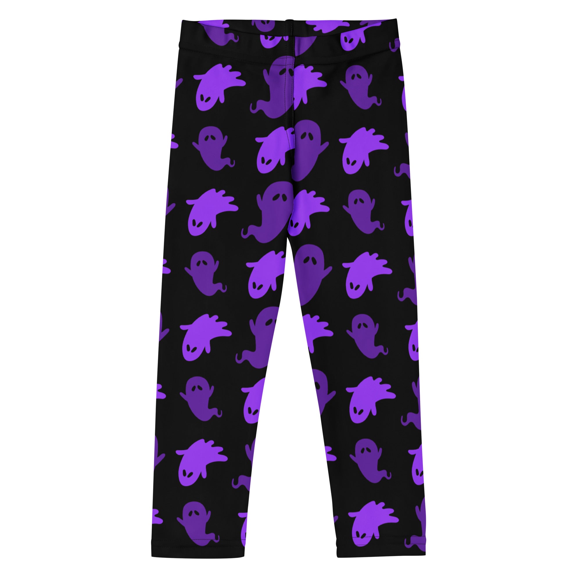 Girls purple ghosts halloween buttery soft black leggings with playful purple cartoon ghost pattern