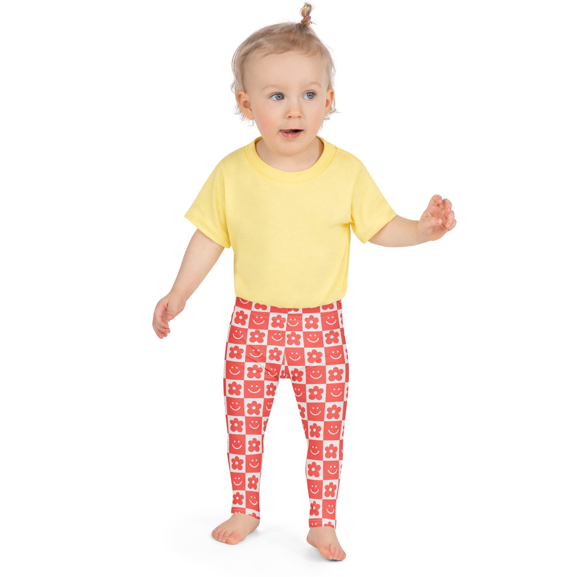 Girls red checkered flower and smile face leggings with a playful pattern in buttery soft fabric