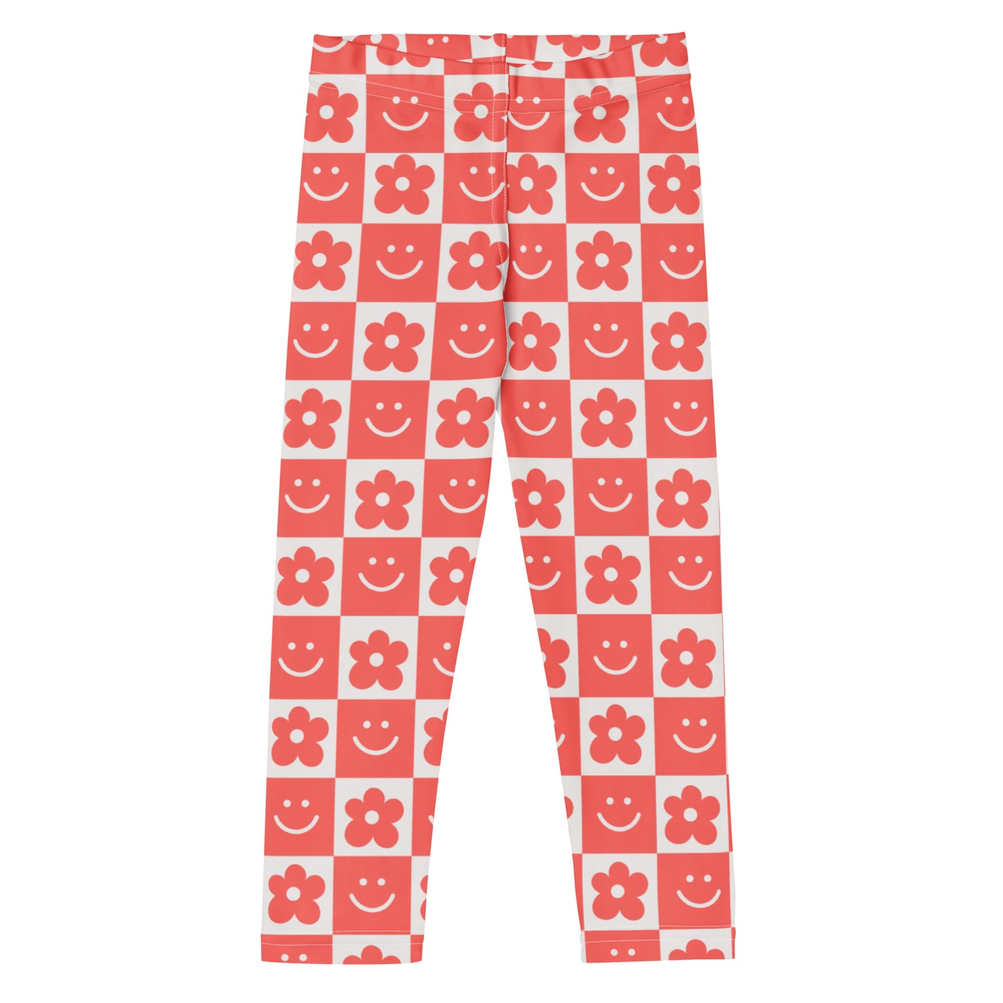 Girls Red Checkerboard Flower and Smile Face Buttery Soft Leggings