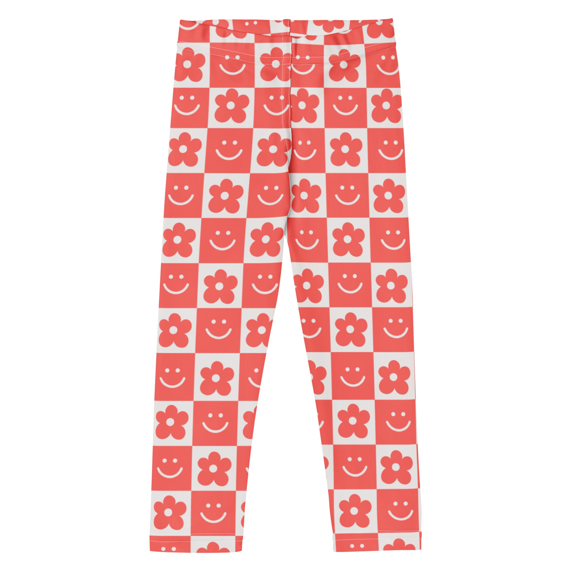 Girls red checkerboard flower and smile face buttery soft leggings in coral and white with playful pink flower pattern