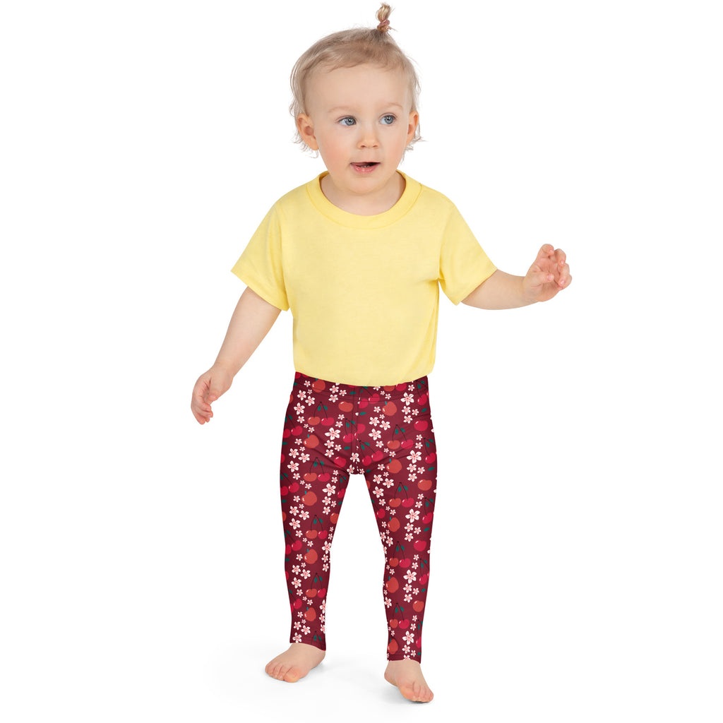 Girls cherry blossom print buttery soft red leggings with white flowers and red apples pattern