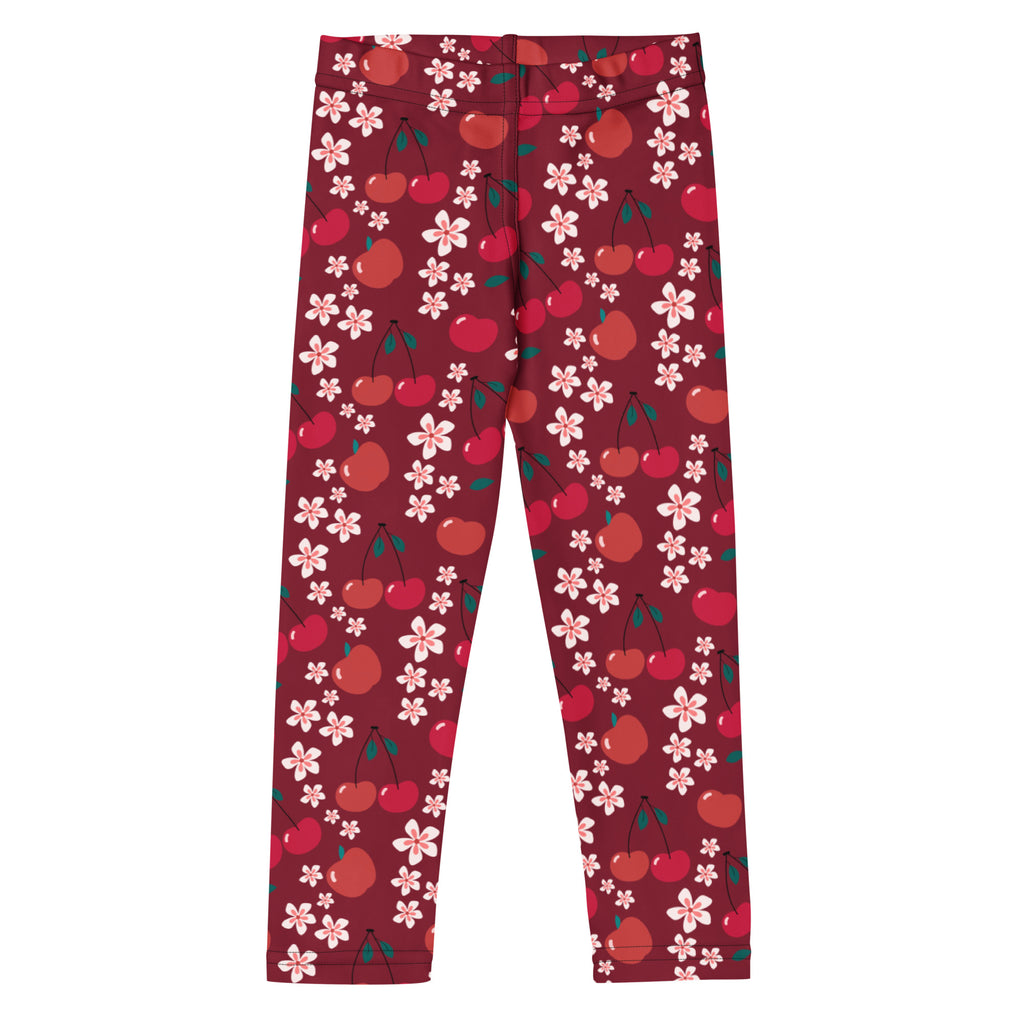 Girls cherry blossom print buttery soft maroon leggings with playful red cherries and pink blossoms pattern