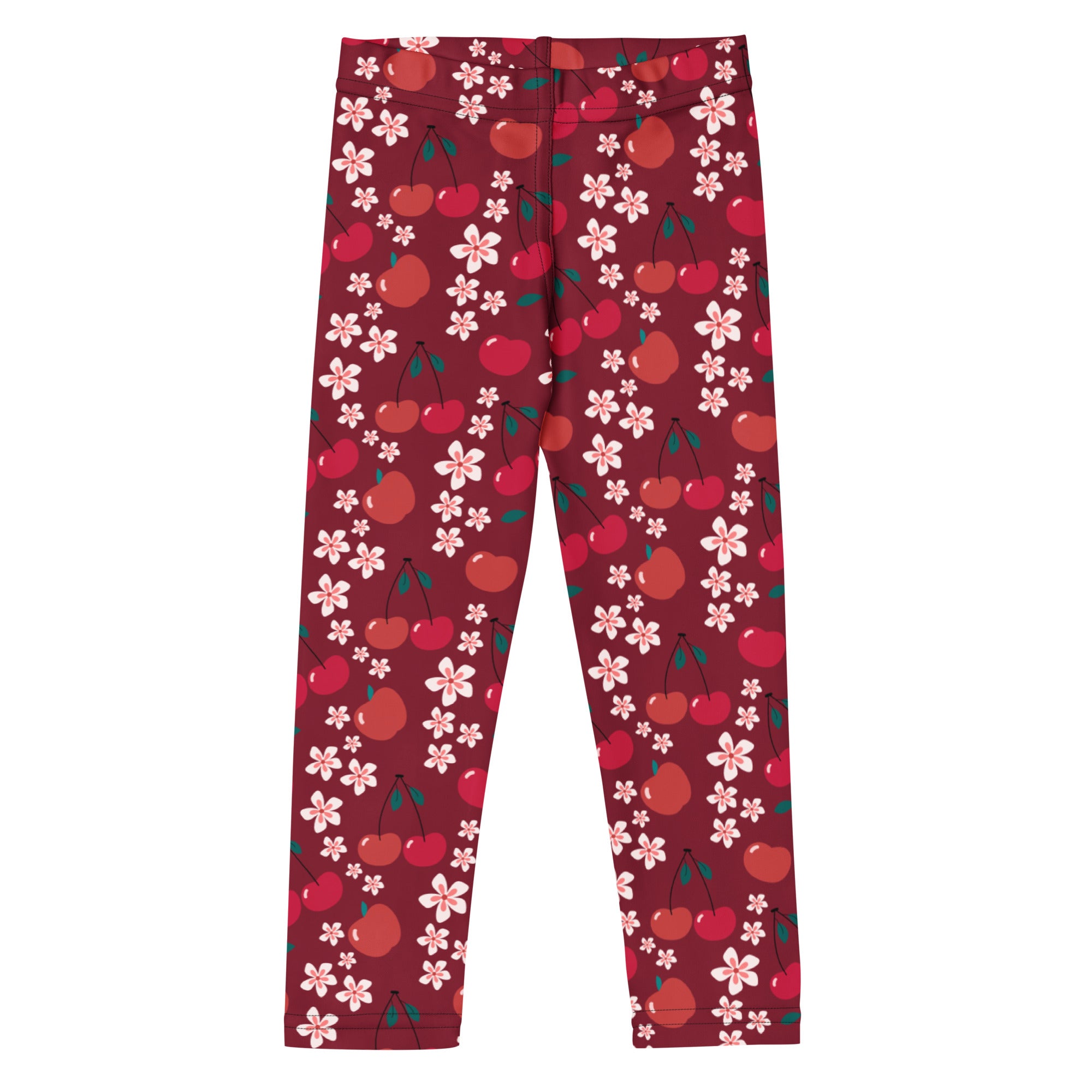 Girls cherry blossom print buttery soft maroon leggings with playful red cherries and pink blossoms pattern