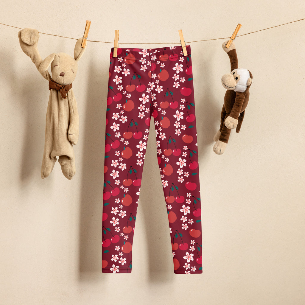 Girls cherry blossom print buttery soft maroon leggings with red cherries and white blossoms pattern