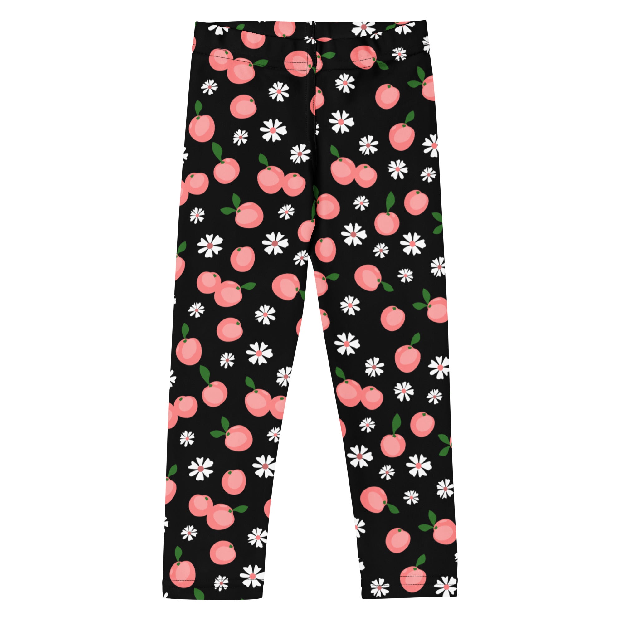Girls peach blossom print buttery soft black leggings with playful pink cherry and white daisy floral pattern
