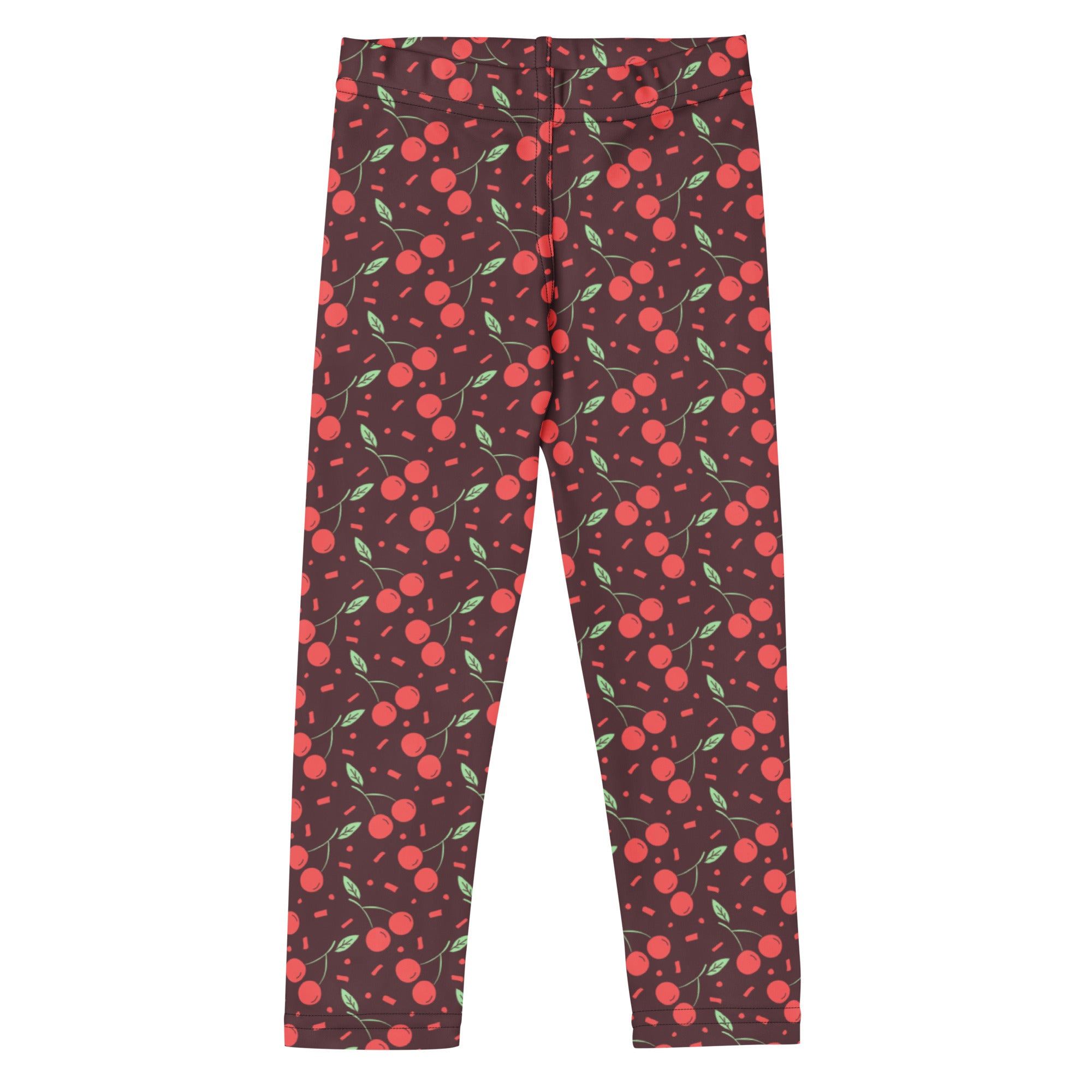 Girls cherry print buttery soft leggings in dark red with bright pink cherries green leaves and confetti dots pattern