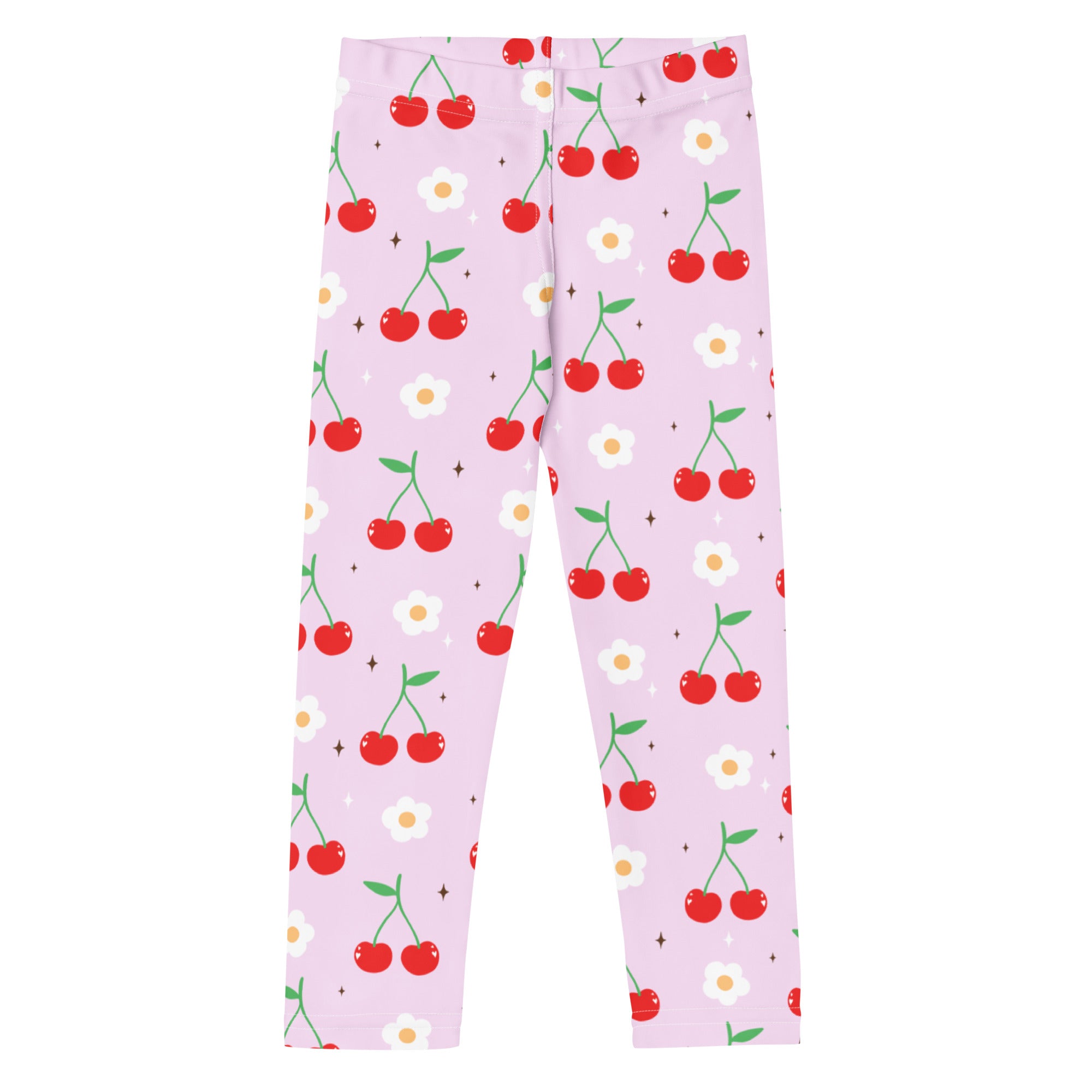 Girls pink buttery soft leggings with a playful red cherry and white daisy pattern on a light pink background