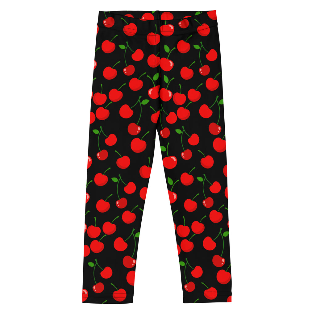 Girls black buttery soft leggings with vibrant red cherry print and green stems and leaves