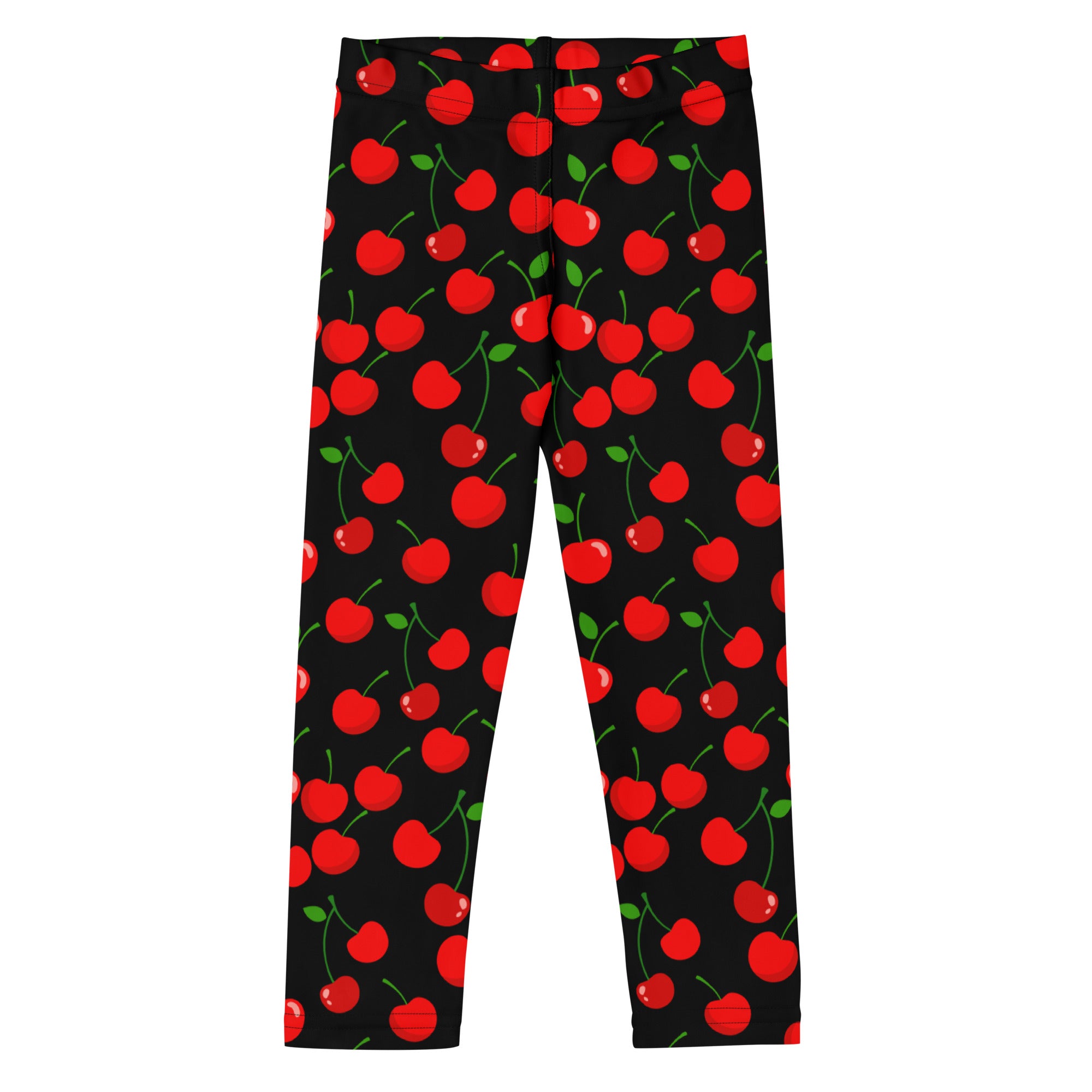 Girls black buttery soft leggings with vibrant red cherry print and green stems and leaves