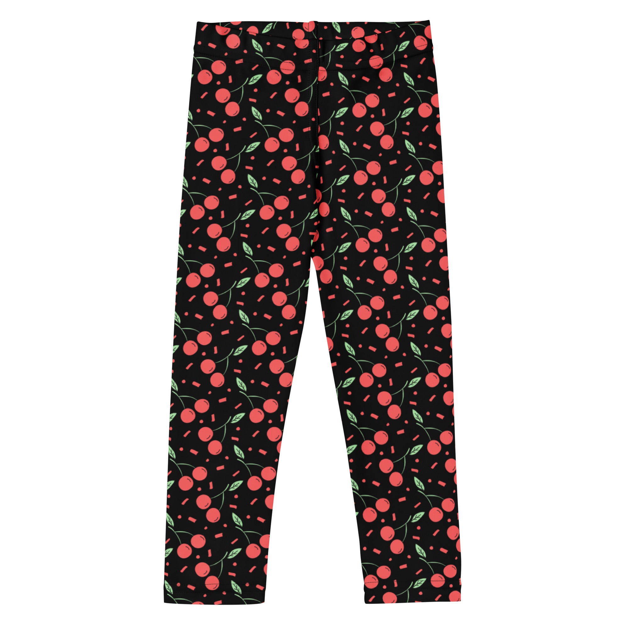 Girls black cherry confetti buttery soft leggings with red cherries green leaves and pink confetti dots pattern