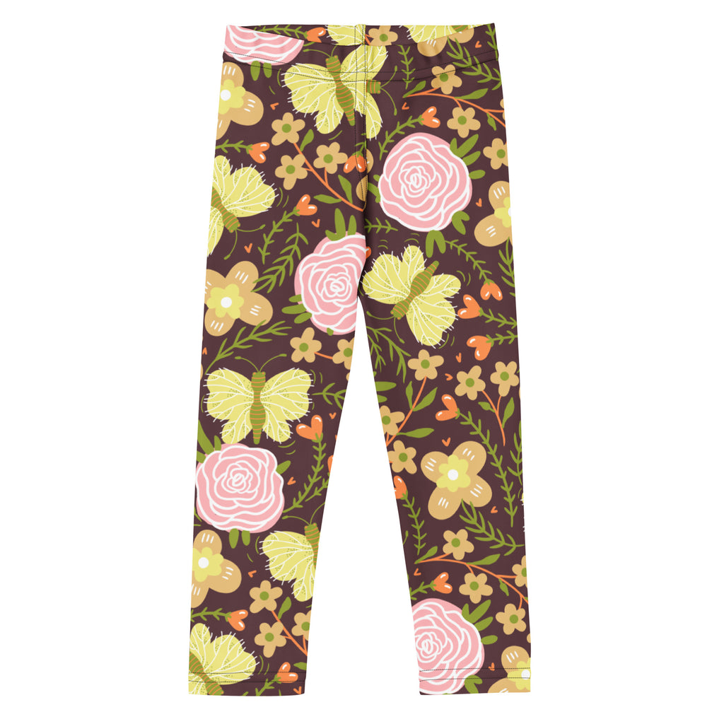 Girls brown floral buttery soft leggings with pink roses yellow butterflies and green foliage in a playful pattern