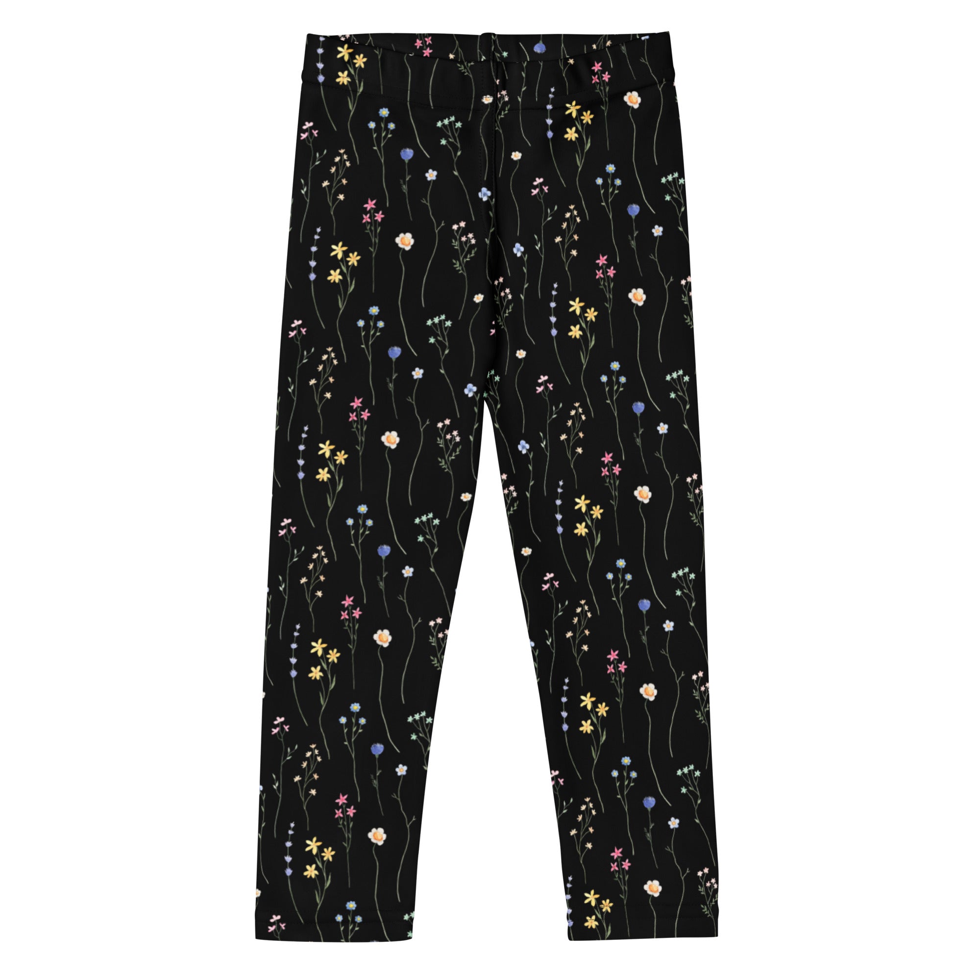 Girls black wildflower buttery soft leggings with delicate yellow pink purple and white floral pattern on dark background
