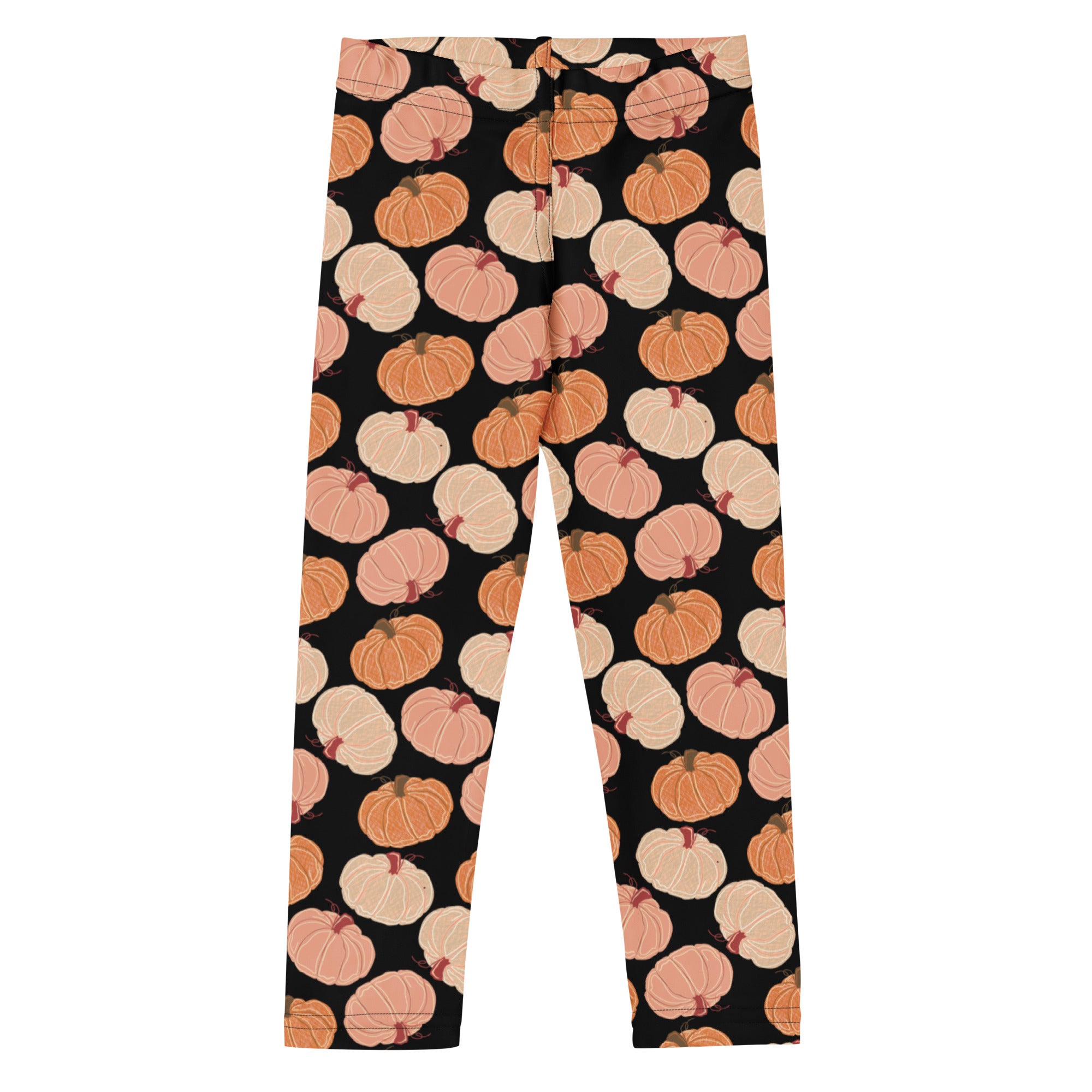 Kids fall pumpkins buttery soft black leggings with a repeating pattern of orange and cream illustrated pumpkins