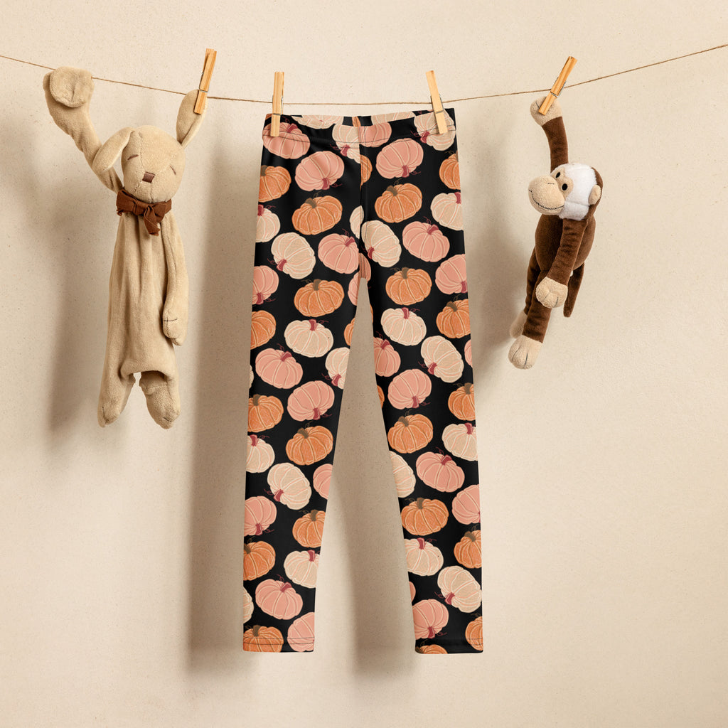 Black kids fall pumpkins buttery soft leggings with orange and pale pink pumpkin pattern