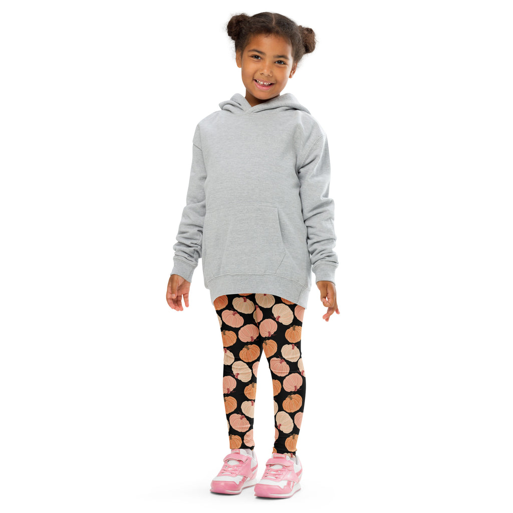 Gray hooded sweatshirt with long sleeves and front pocket paired with buttery soft kids fall pumpkins leggings