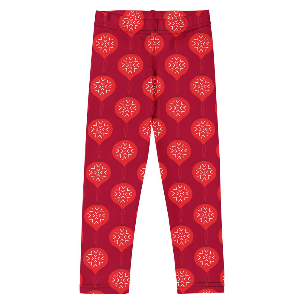 Girls Christmas ornament buttery soft red leggings with white snowflake patterns inside red ornament shapes