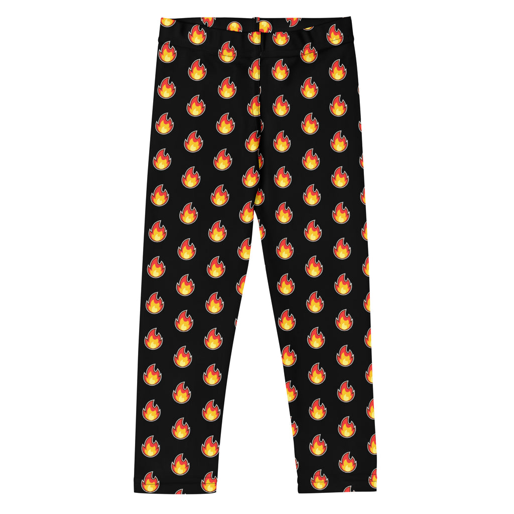 Kids flame emoji buttery soft leggings in black with orange and yellow cartoon flame patterns