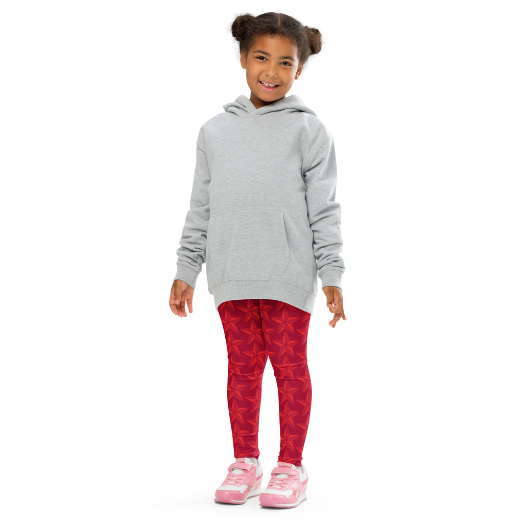 Gray hooded sweatshirt with front pocket and long sleeves paired with girls christmas red star buttery soft leggings