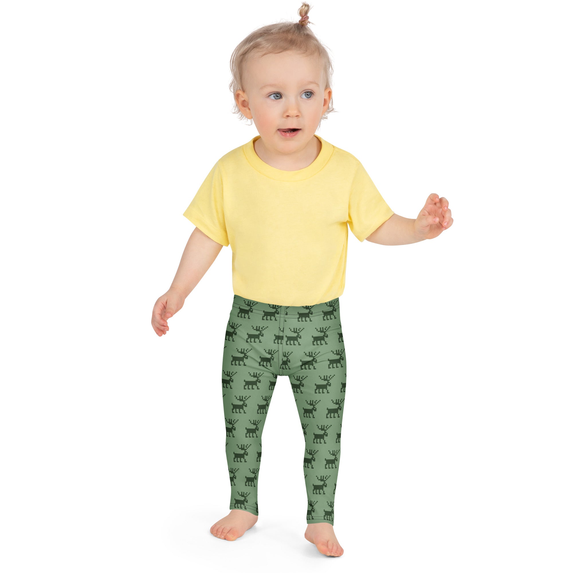 A child wearing kids green pixel reindeer buttery soft olive green leggings with dark green reindeer pattern
