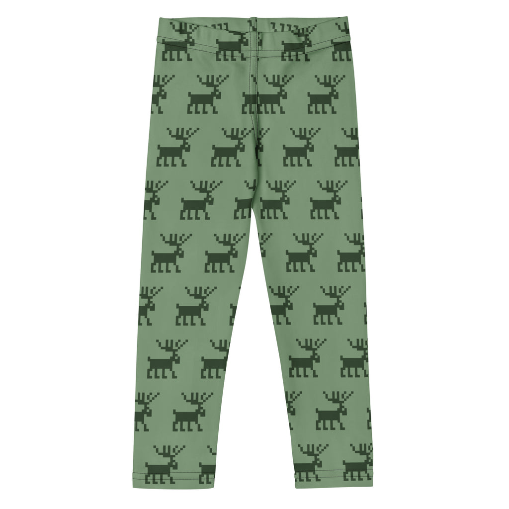 Kids green pixel reindeer buttery soft leggings in mint green with dark green pixelated reindeer pattern