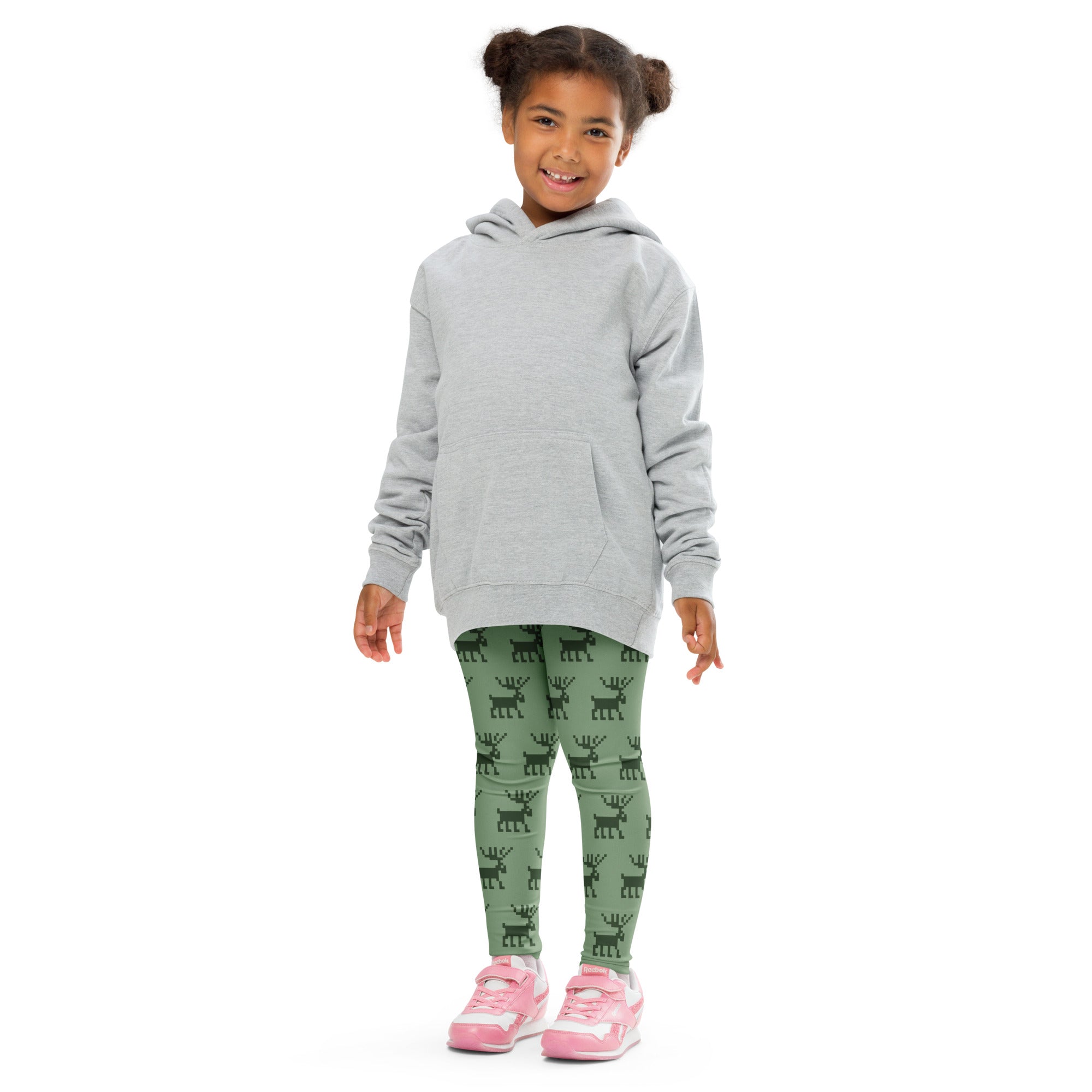 Gray hooded sweatshirt with front pocket and long sleeves made of soft cotton blend paired with kids green pixel reindeer leggings