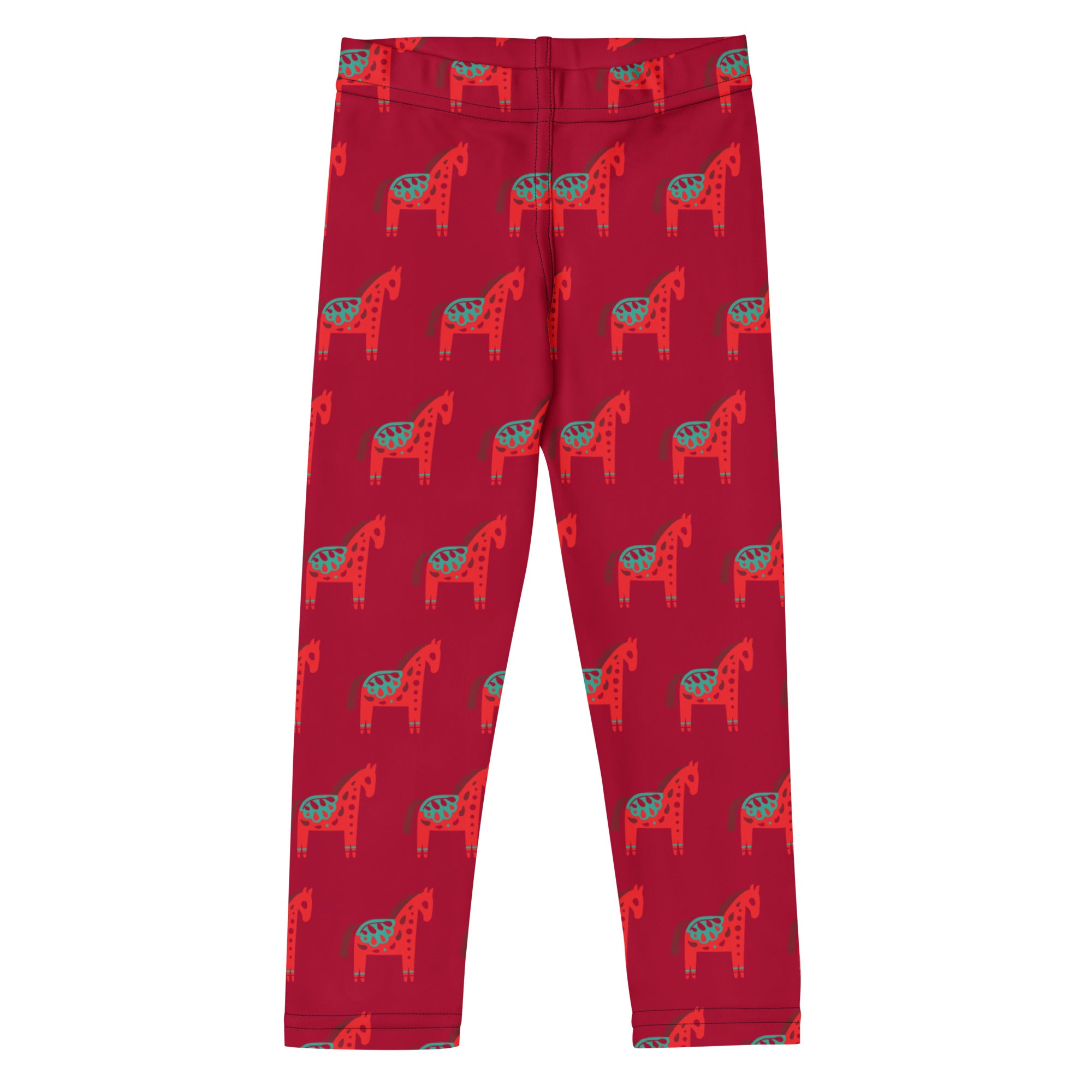 Girls scandi horse Christmas buttery soft red leggings with a repeating pattern of stylized red and teal horses