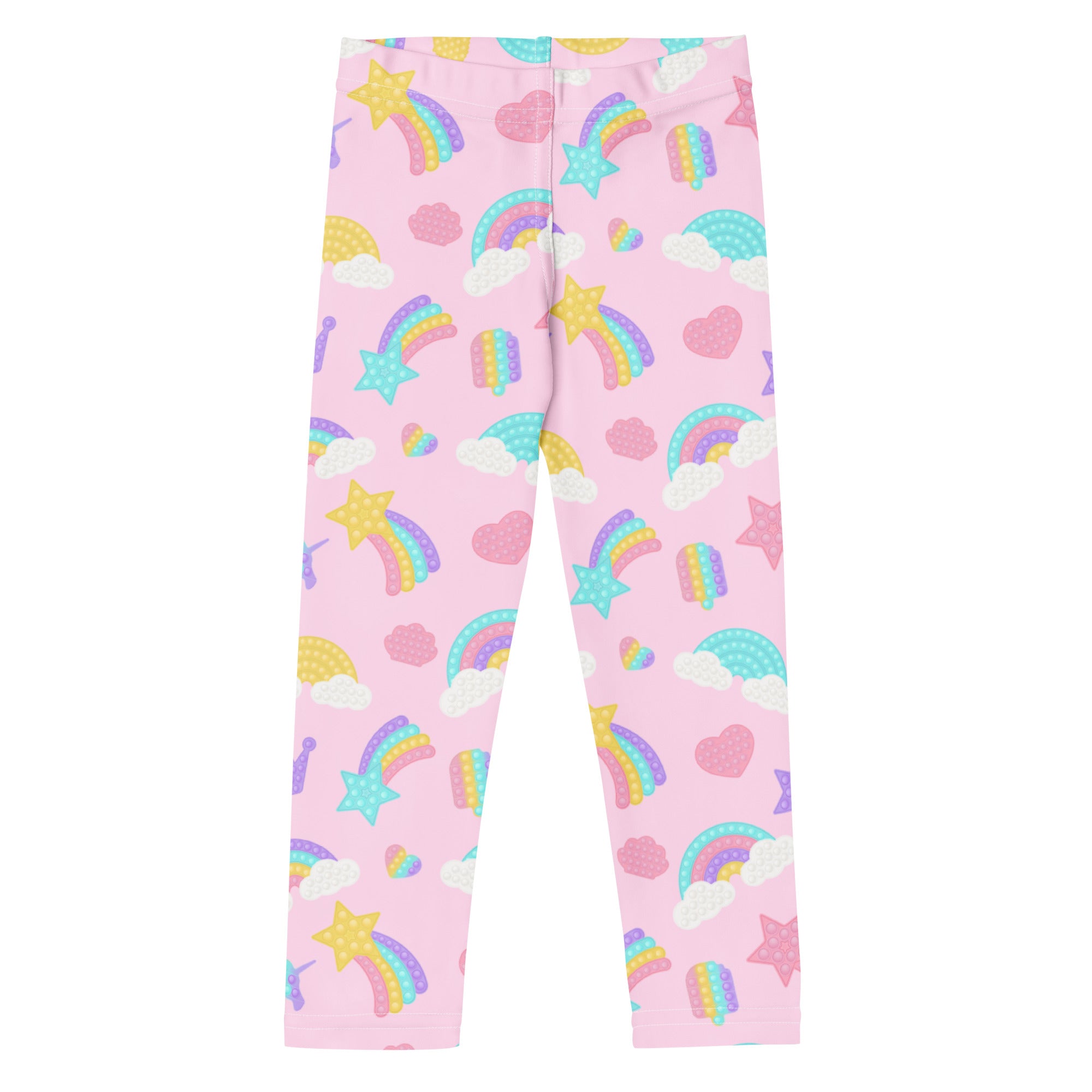 Pink girls fidget toy themed leggings with pastel rainbow star and heart pattern made of buttery soft fabric