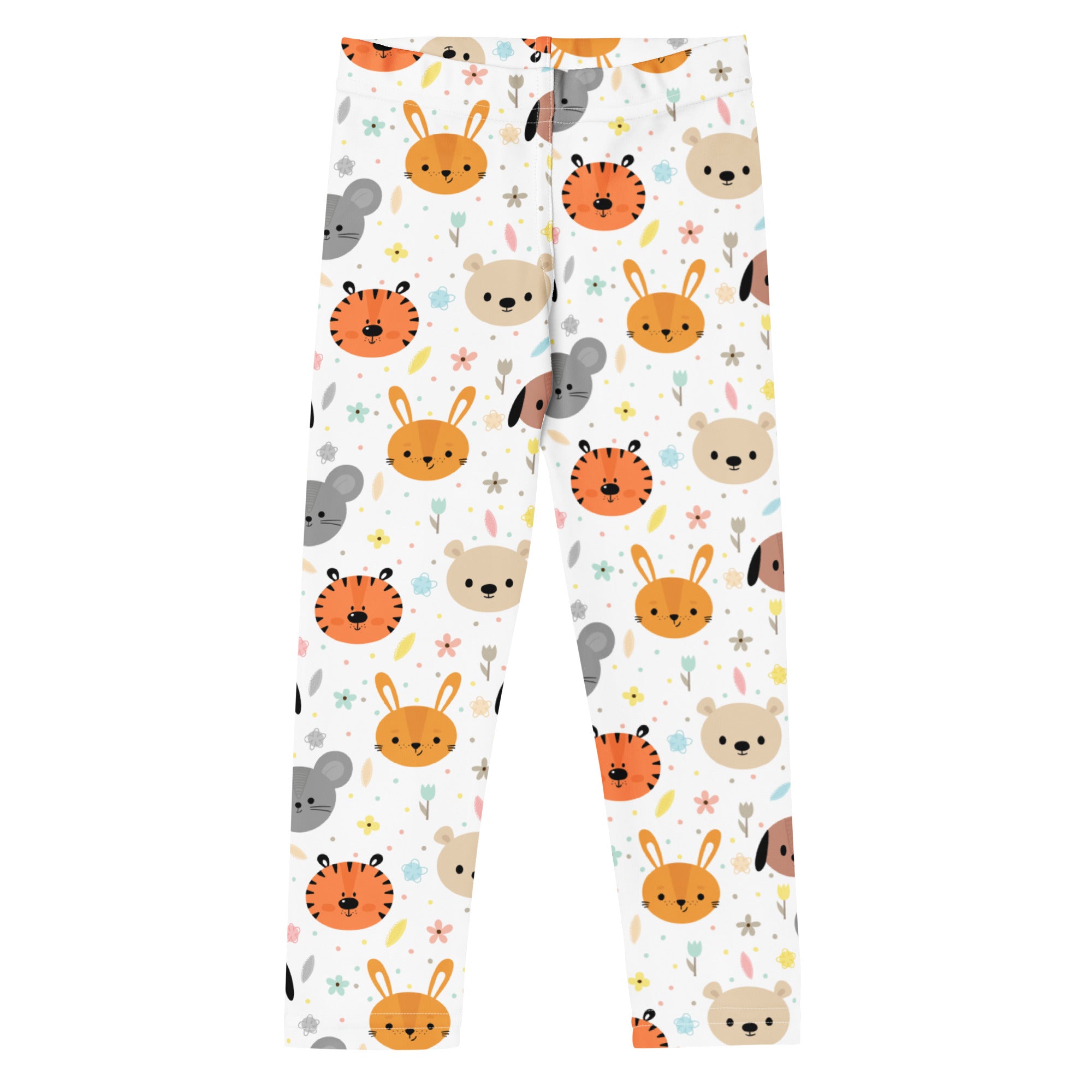 Kids animal faces buttery soft white leggings with playful orange rabbits tiger faces gray mice beige bears and pastel flowers