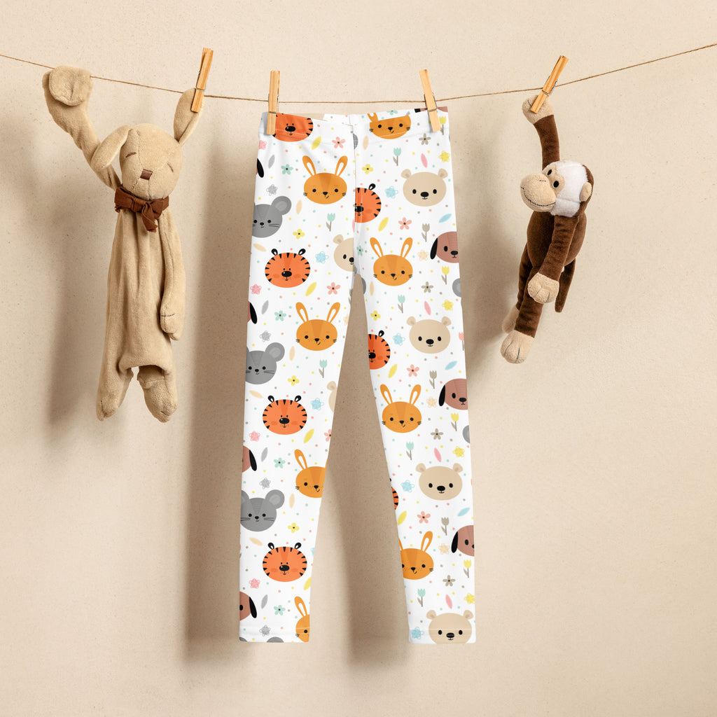 White kids animal faces buttery soft leggings with playful cartoon rabbits tigers and bears in soft orange gray and beige tones