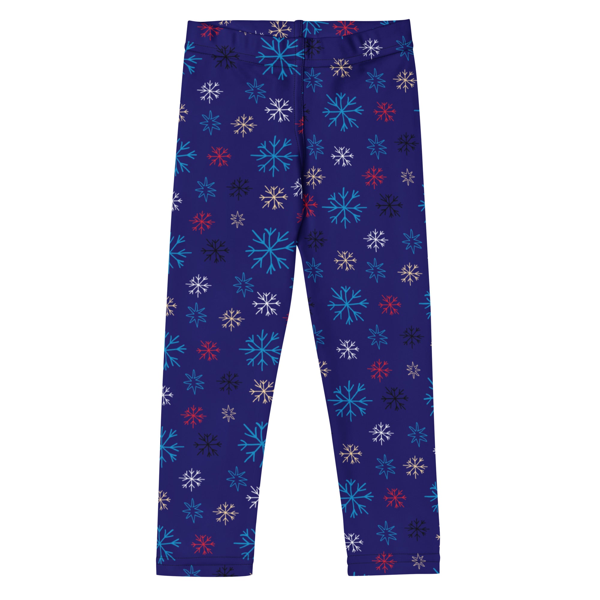 Kids snowflake pattern buttery soft blue leggings with vibrant teal white and red snowflakes design