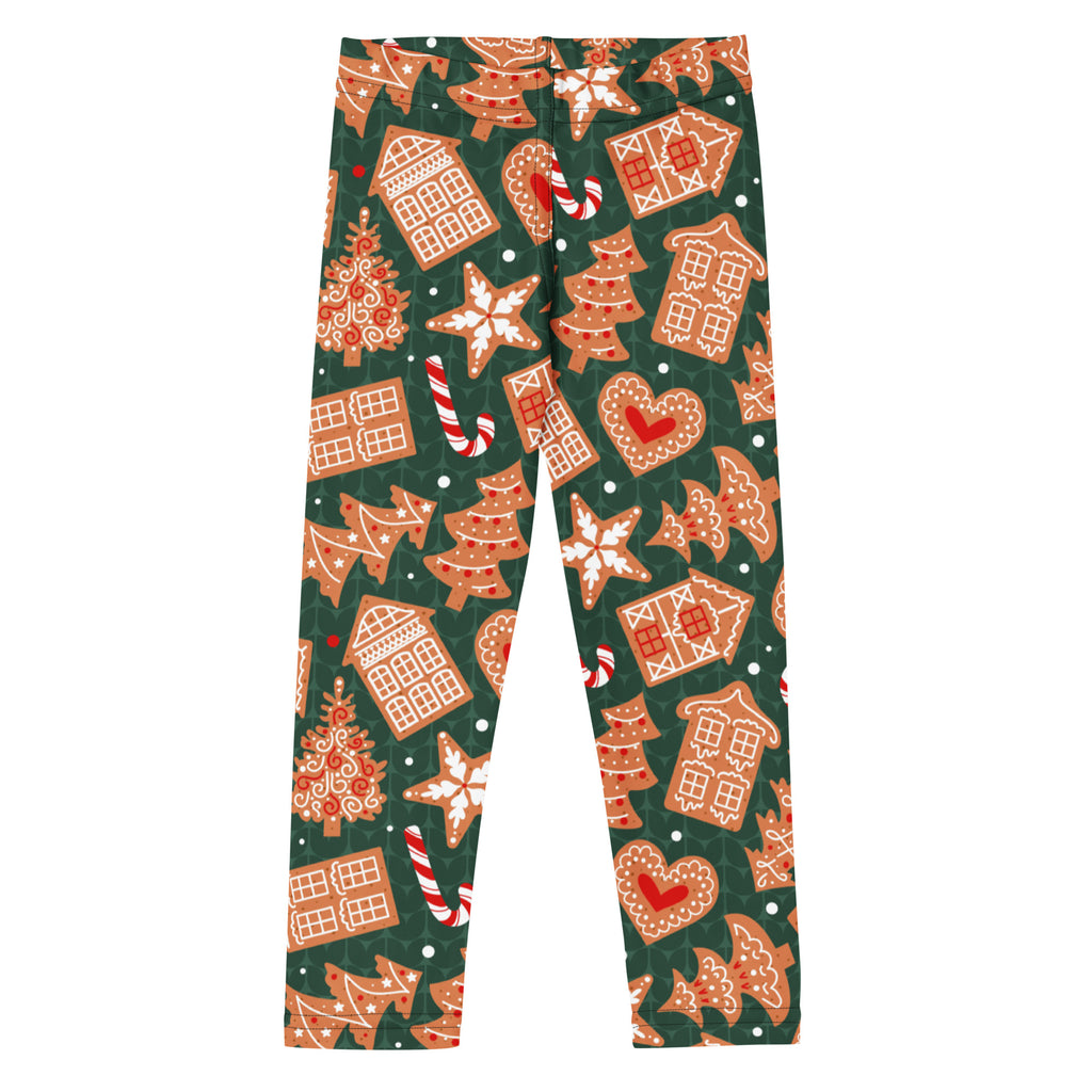 Kids green gingerbread cookie christmas buttery soft leggings with festive gingerbread houses and holiday patterns
