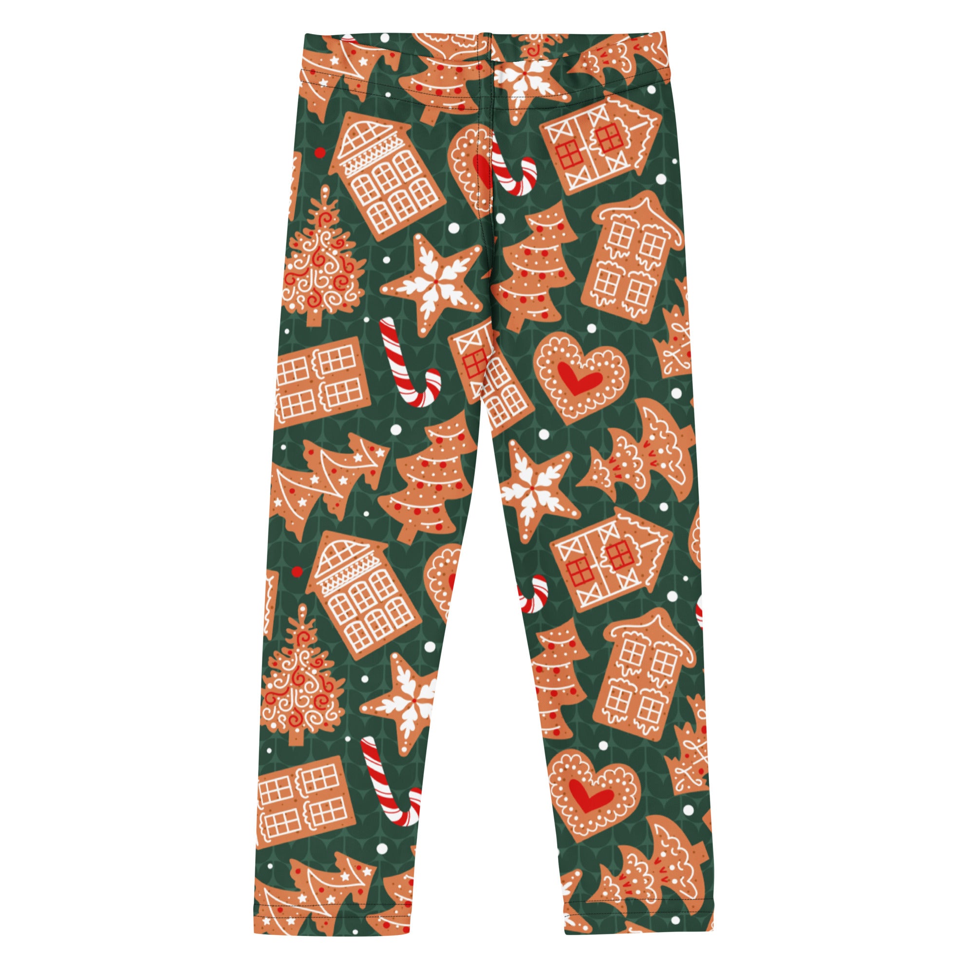 Kids green gingerbread cookie christmas buttery soft leggings with festive gingerbread houses and holiday patterns