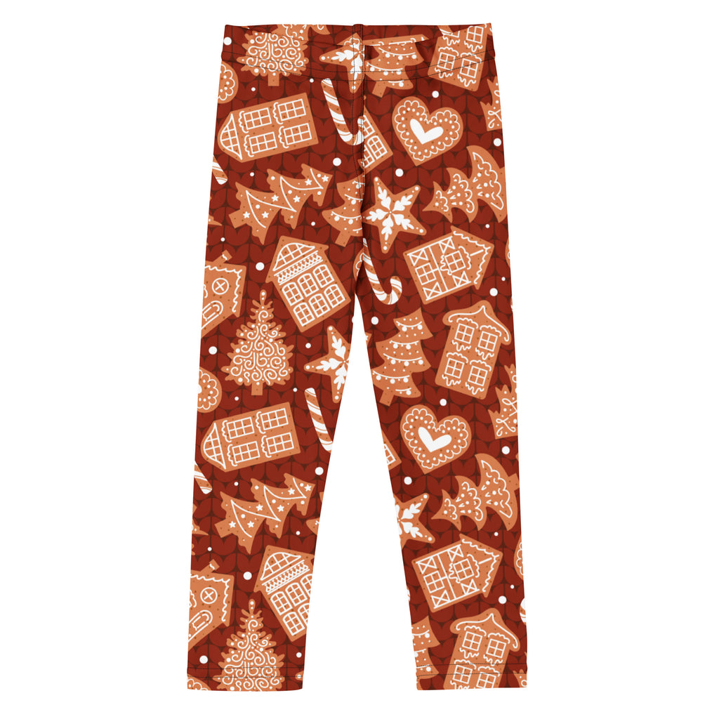 Kids red gingerbread cookie christmas buttery soft brown leggings with white festive gingerbread house tree candy cane pattern
