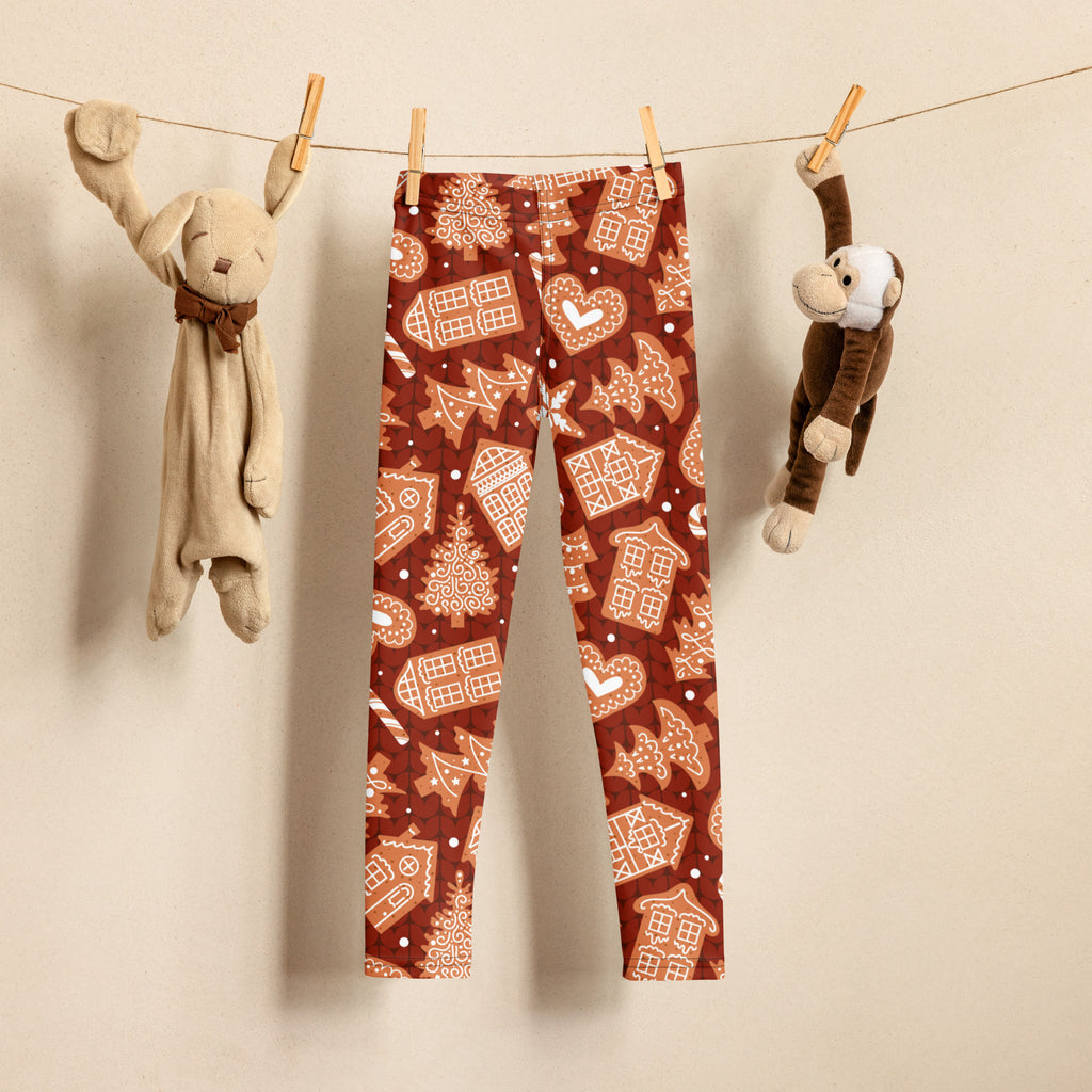Kids red gingerbread cookie christmas buttery soft brown leggings with festive beige and white gingerbread house pattern