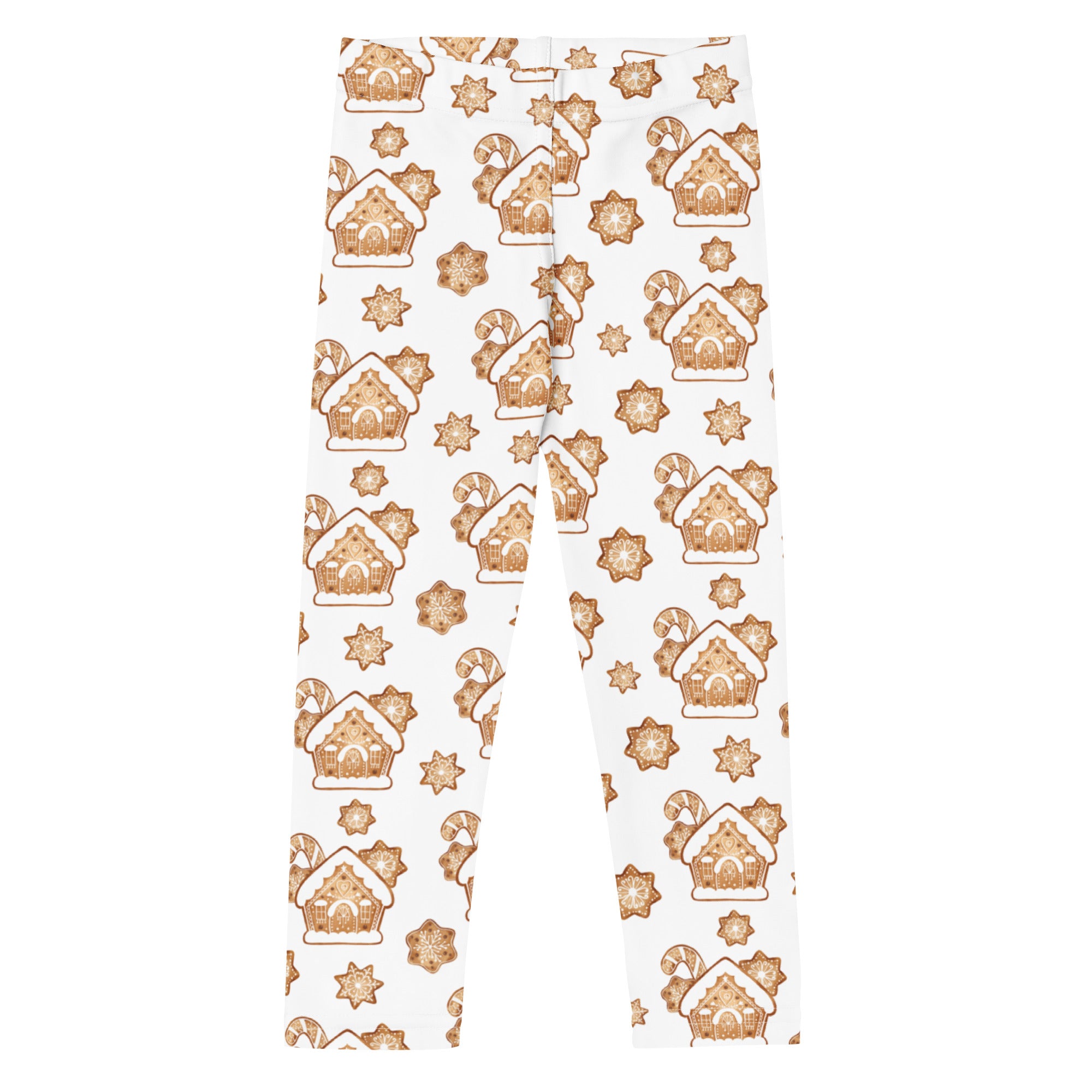 Kids gingerbread house christmas buttery soft white leggings with festive brown gingerbread houses candy canes and snowflakes pattern