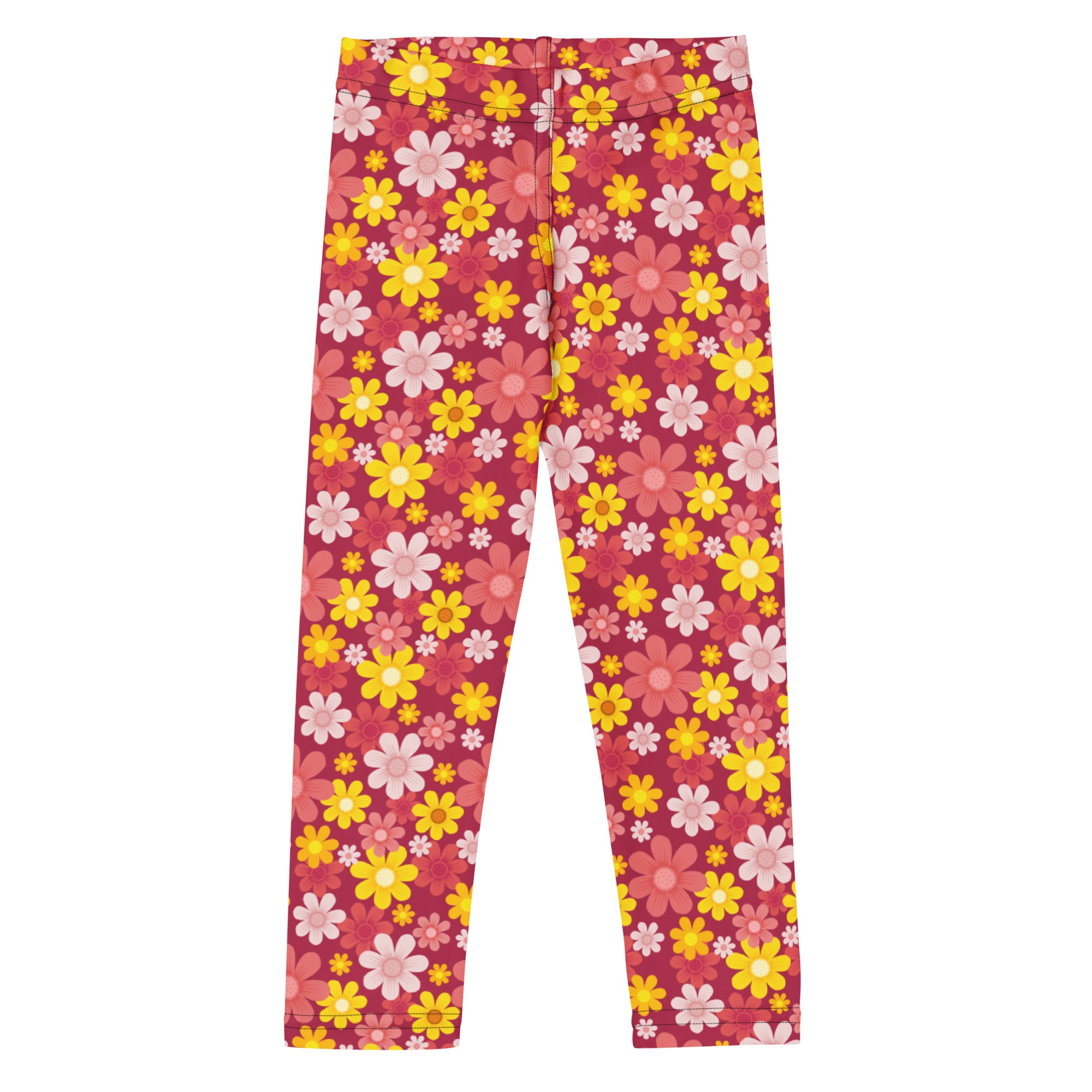 Girls red floral buttery soft leggings featuring pink and yellow floral pattern and soft stretchy fabric