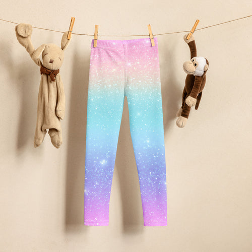 Girls faux sparkle effect rainbow buttery soft leggings with pastel gradient starry galaxy print in pink blue and purple
